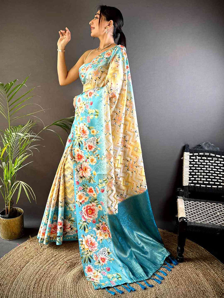 Sky Blue Soft Silk Saree with Vibrant Floral Print & Woven Zari Pallu
