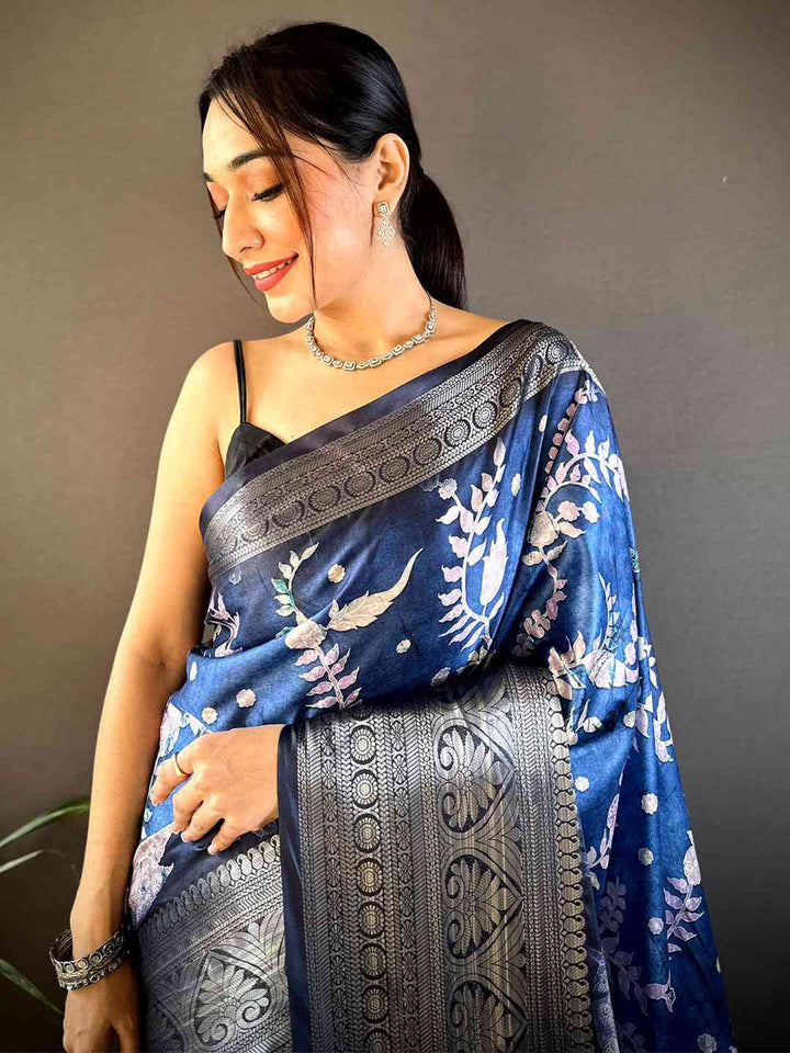 Navy Blue Banarasi Silk Saree with Silver Zari Weaving & Floral Motifs