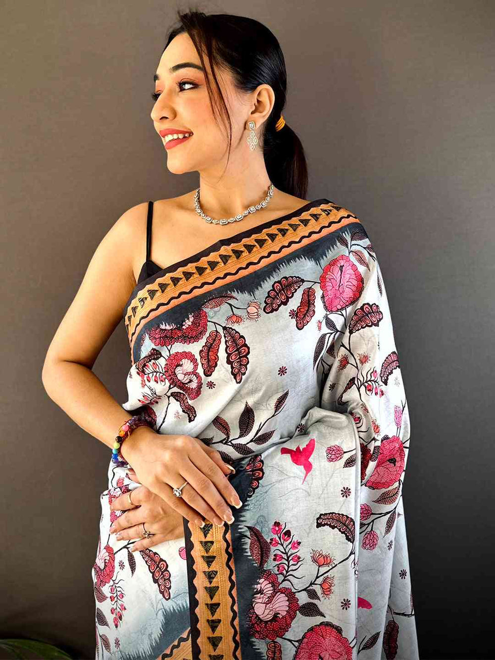 White Linen Silk Saree with Pink Floral Print & Ethnic Copper Border