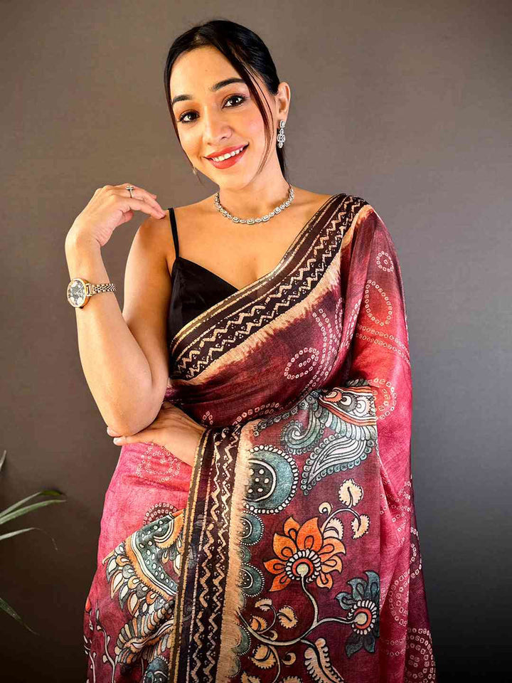 Multicolor Linen Silk Saree with Artistic Kalamkari Print & Designer Border