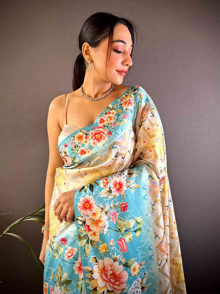 Sky Blue Soft Silk Saree with Vibrant Floral Print & Woven Zari Pallu