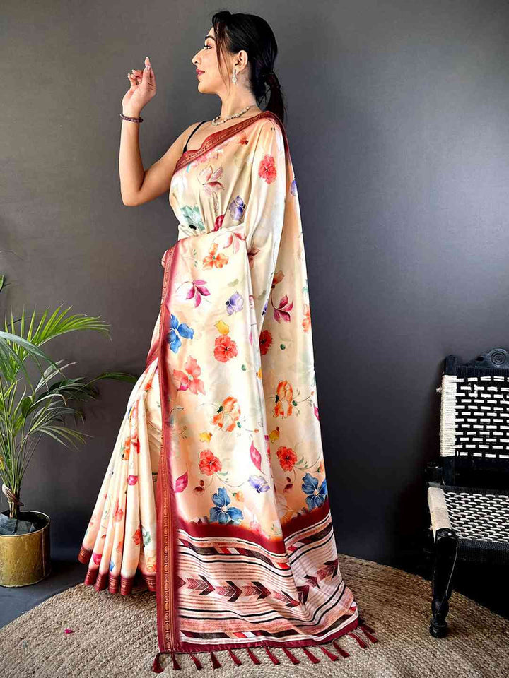 Cream Soft Silk Saree with Multicolor Floral Print & Maroon Designer Border