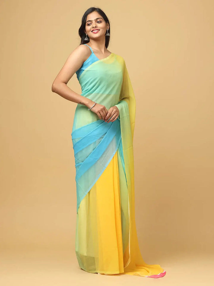 Aqua Blue & Yellow Dual Shade Georgette Saree