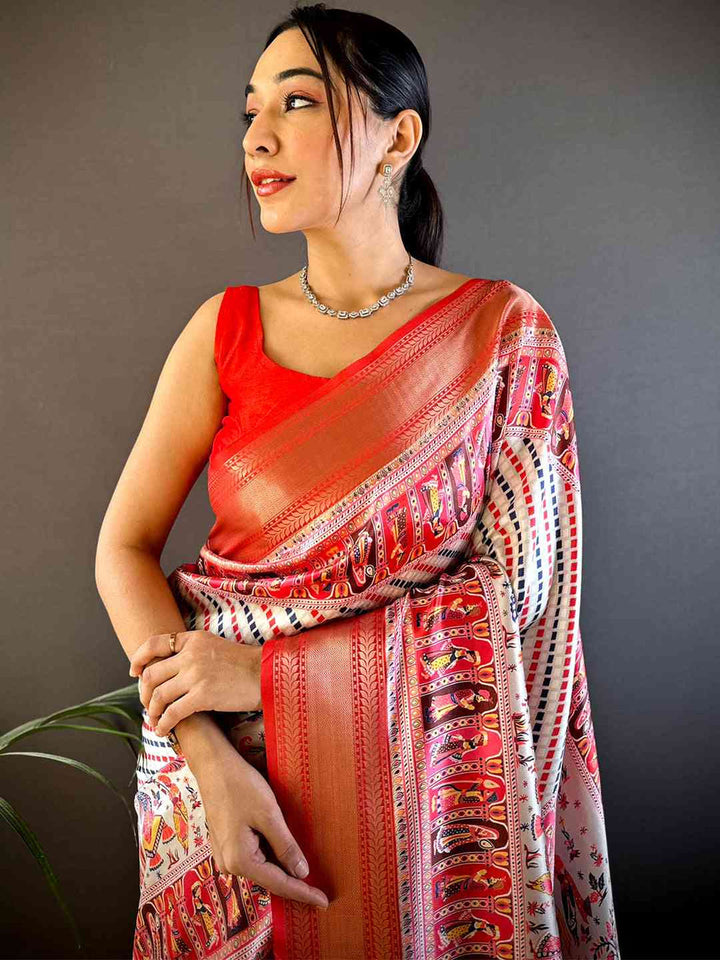 Peach Soft Silk Saree with Multicolor Patola Style Print & Zari Border