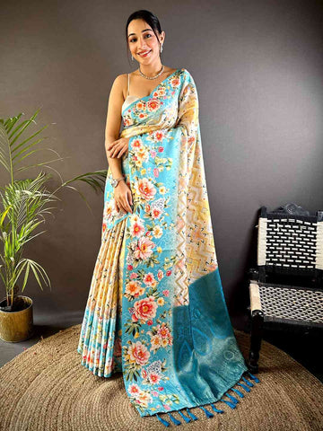 Sky Blue Soft Silk Saree with Vibrant Floral Print & Woven Zari Pallu