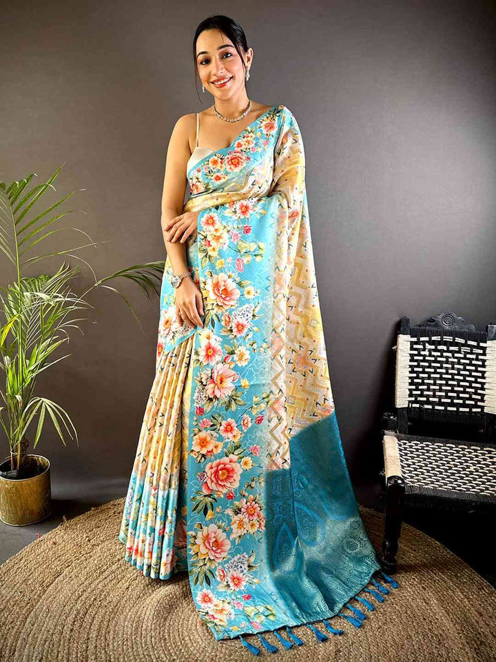 Sky Blue Soft Silk Saree with Vibrant Floral Print & Woven Zari Pallu