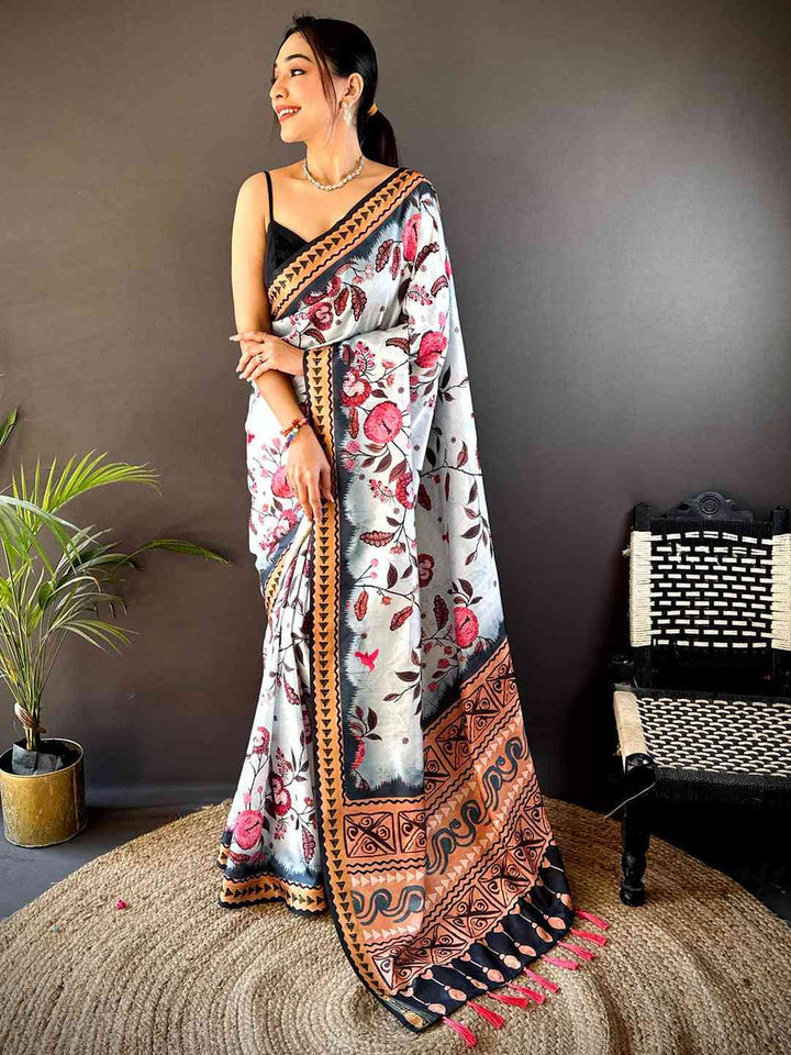 White Linen Silk Saree with Pink Floral Print & Ethnic Copper Border