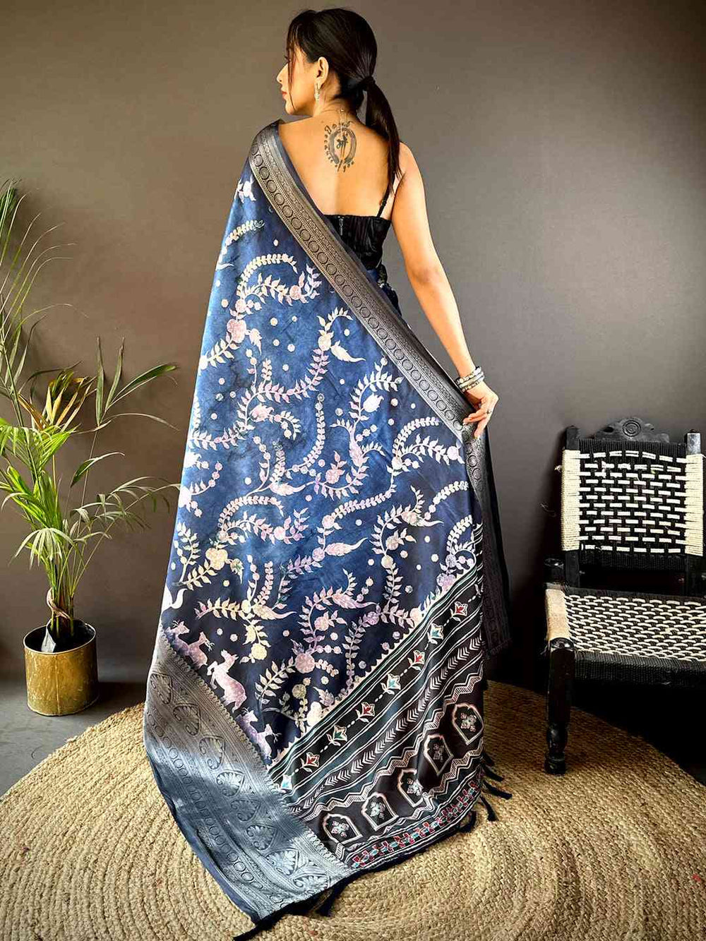 Navy Blue Banarasi Silk Saree with Silver Zari Weaving & Floral Motifs