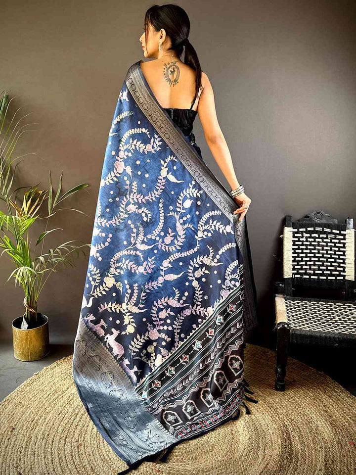 Navy Blue Banarasi Silk Saree with Silver Zari Weaving & Floral Motifs