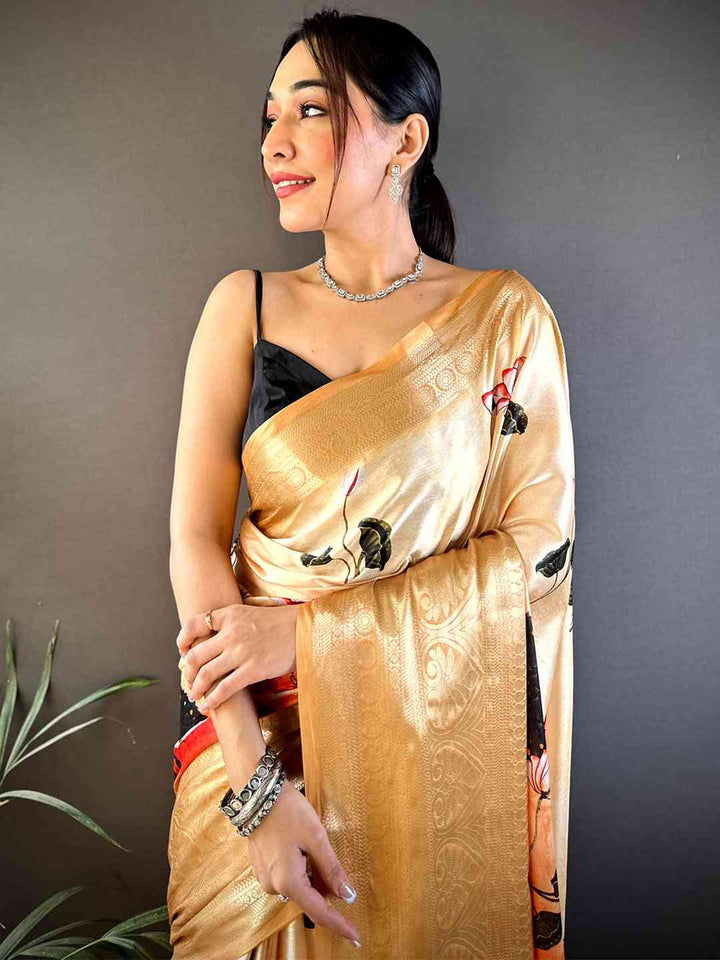Golden Soft Silk Saree with Artistic Floral & Lotus Print