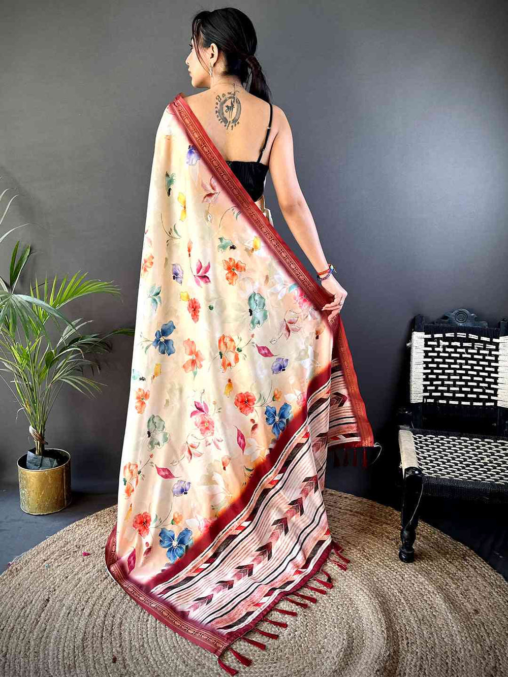 Cream Soft Silk Saree with Multicolor Floral Print & Maroon Designer Border