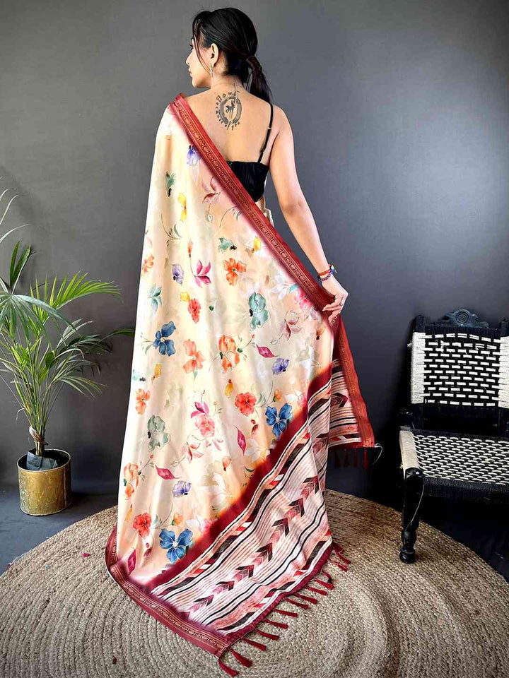 Cream Soft Silk Saree with Multicolor Floral Print & Maroon Designer Border