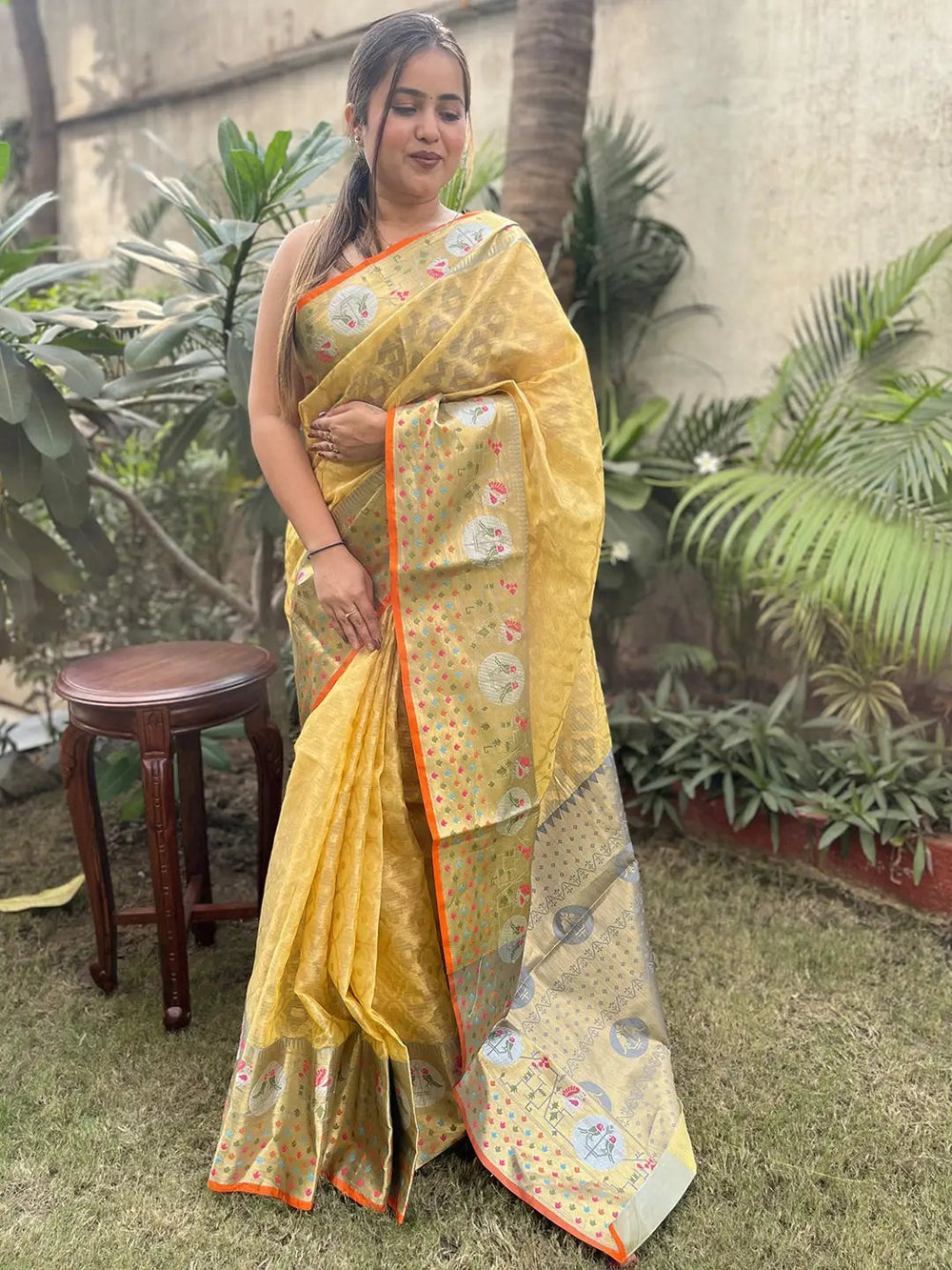 Yellow Banarasi Soft Silk Saree with Silver Zari Weaving & Multicolor Motifs