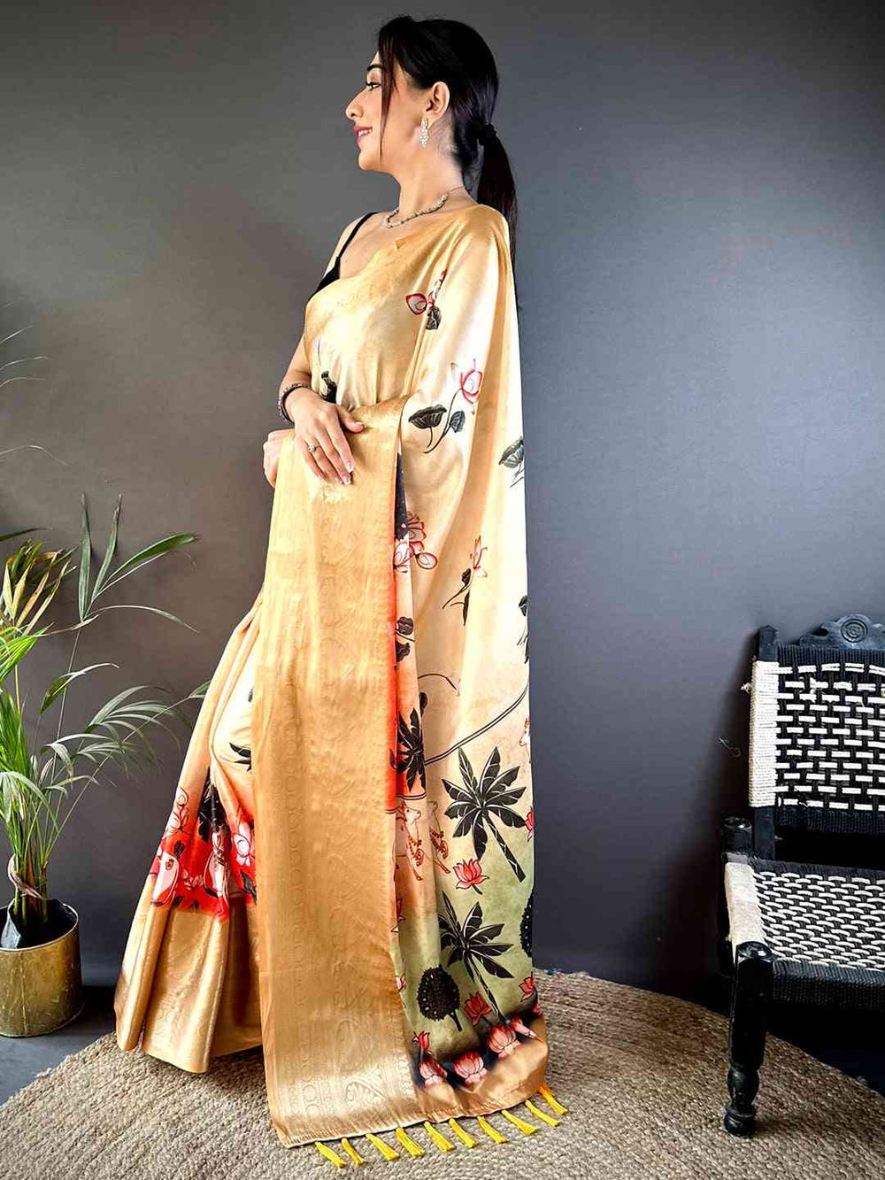 Golden Soft Silk Saree with Artistic Floral & Lotus Print