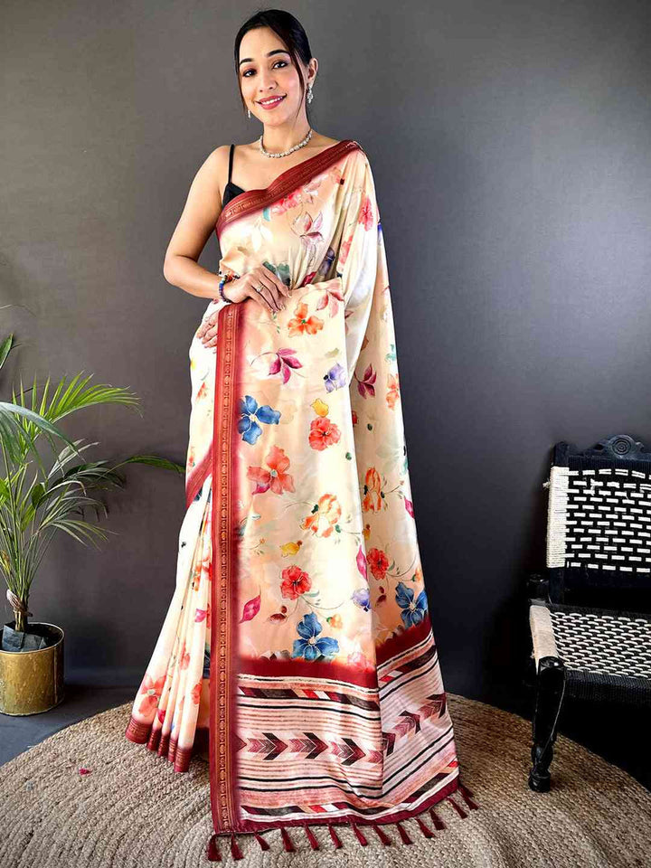Cream Soft Silk Saree with Multicolor Floral Print & Maroon Designer Border
