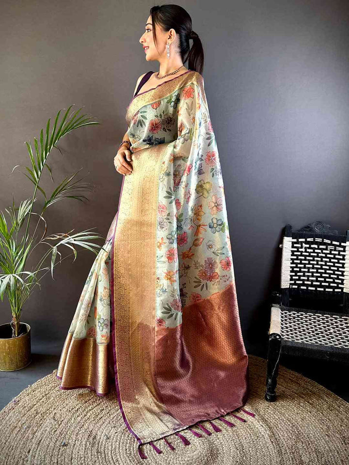 Pastel Soft Silk Saree with Floral Print & Rich Golden Zari Border