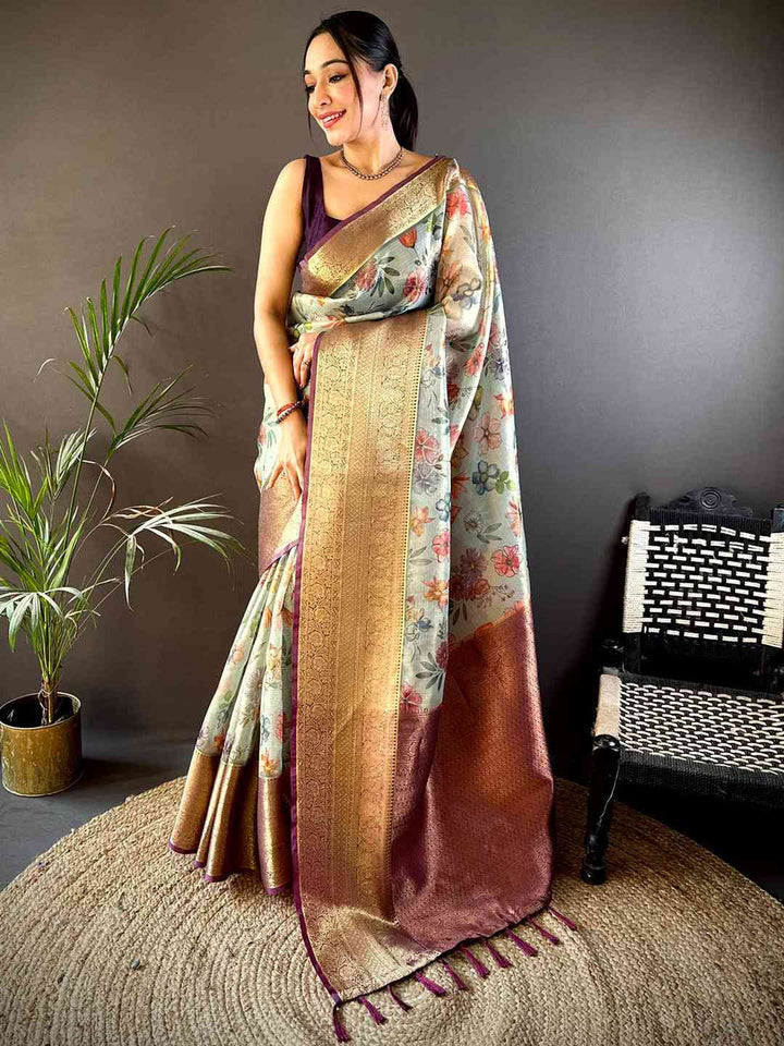 Pastel Soft Silk Saree with Floral Print & Rich Golden Zari Border