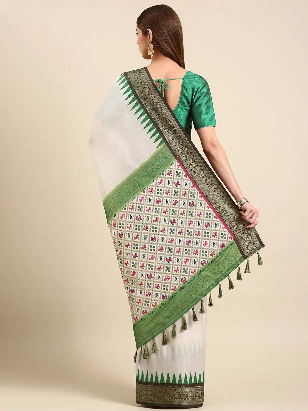 White & Green Soft Silk Saree with Temple Border and Rich Zari Pallu