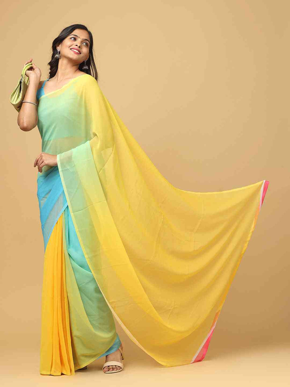 Aqua Blue & Yellow Dual Shade Georgette Saree