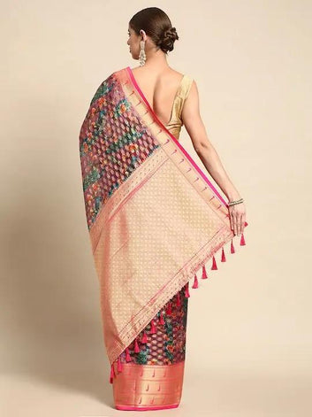 Purple Banarasi Soft Silk Saree with Peacock Weaving & Pink Zari Border