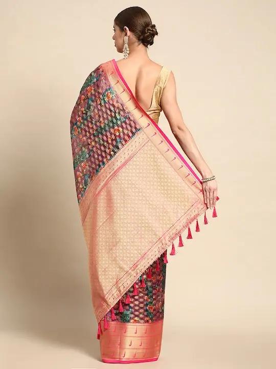 Purple Banarasi Soft Silk Saree with Peacock Weaving & Pink Zari Border