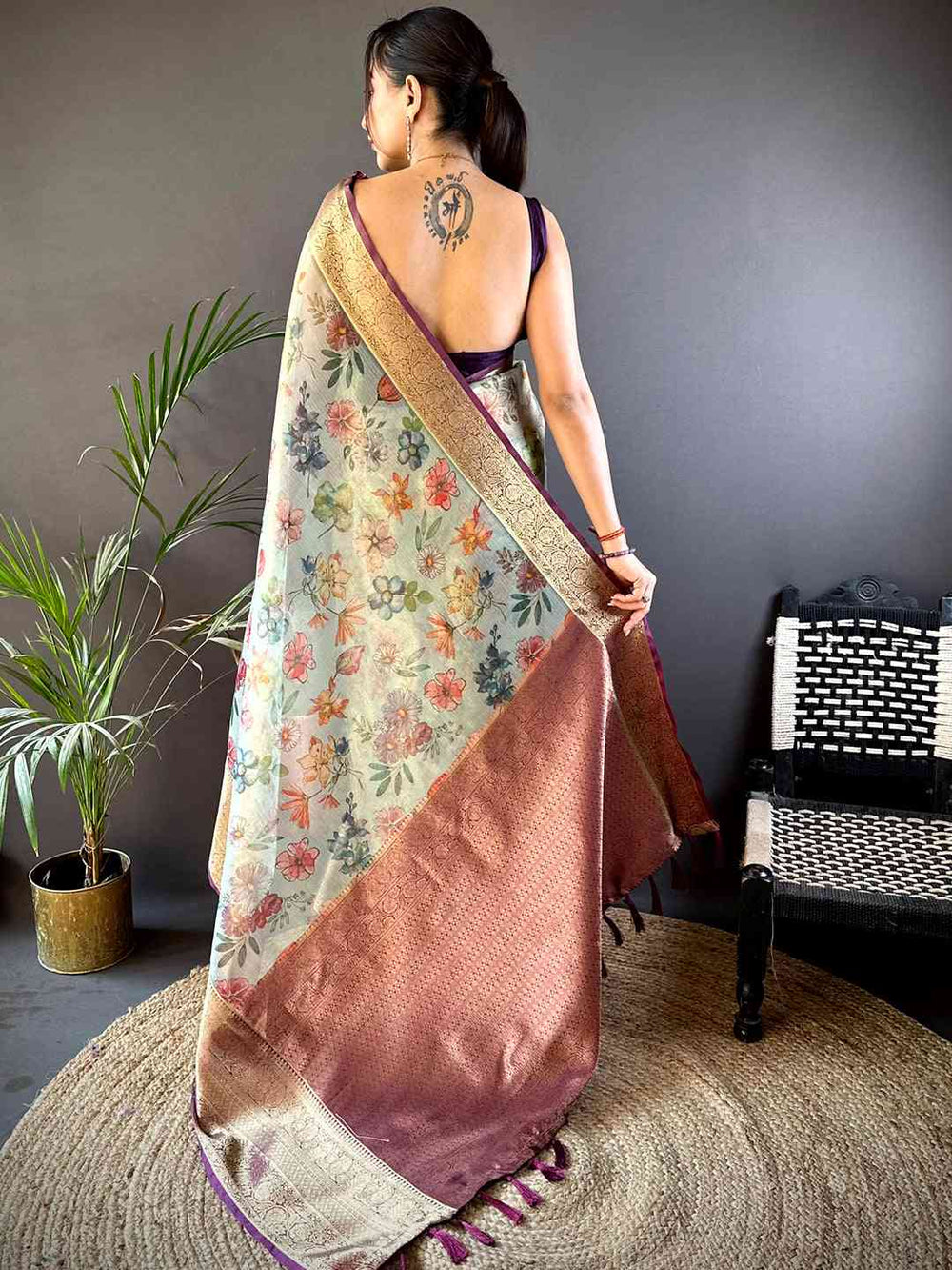 Pastel Soft Silk Saree with Floral Print & Rich Golden Zari Border