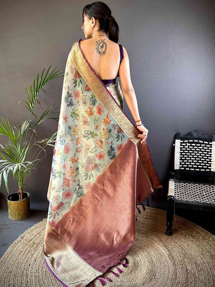 Pastel Soft Silk Saree with Floral Print & Rich Golden Zari Border