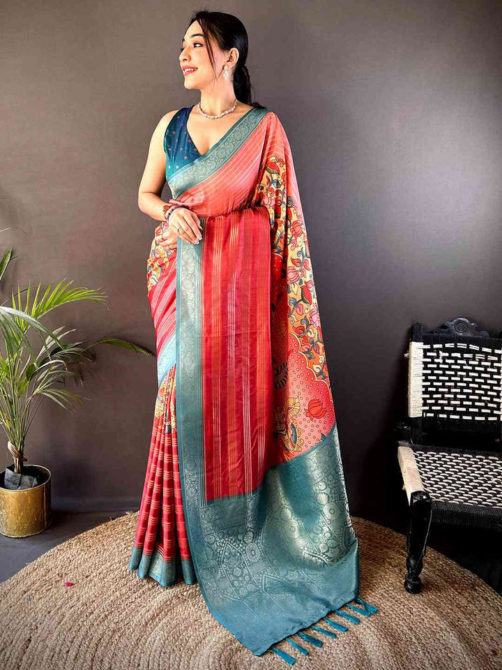 Red & Teal Soft Silk Saree with Patola Print and Woven Zari Pallu
