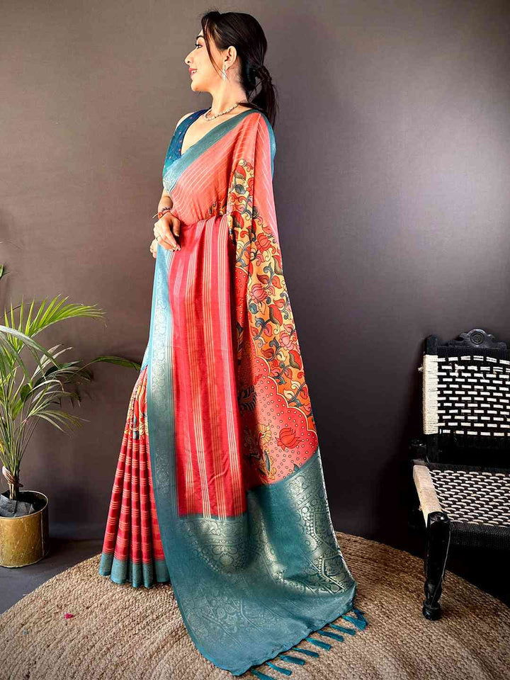 Red & Teal Soft Silk Saree with Patola Print and Woven Zari Pallu