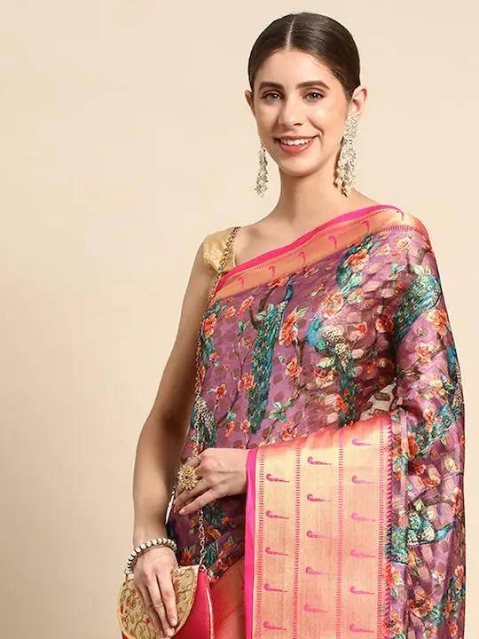 Purple Banarasi Soft Silk Saree with Peacock Weaving & Pink Zari Border