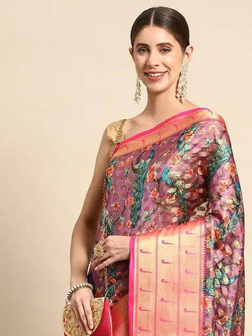 Purple Banarasi Soft Silk Saree with Peacock Weaving & Pink Zari Border