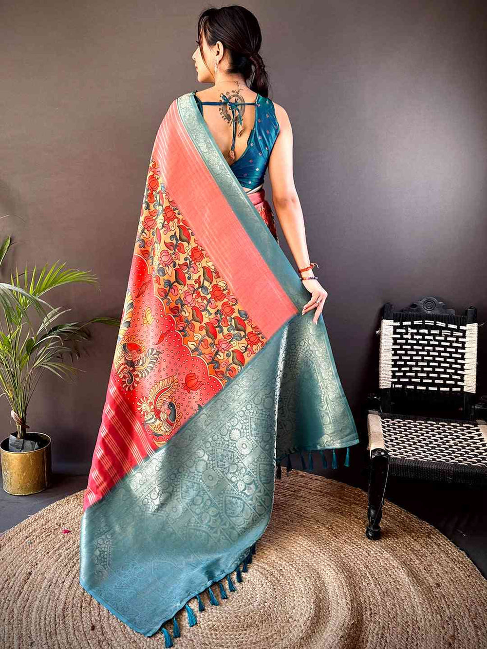 Red & Teal Soft Silk Saree with Patola Print and Woven Zari Pallu