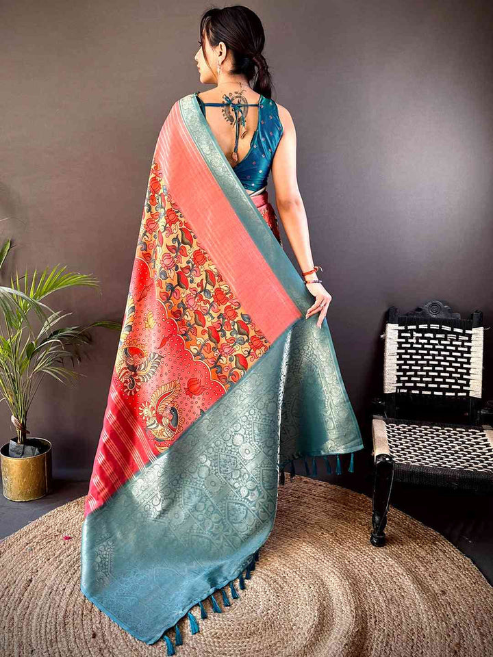 Red & Teal Soft Silk Saree with Patola Print and Woven Zari Pallu
