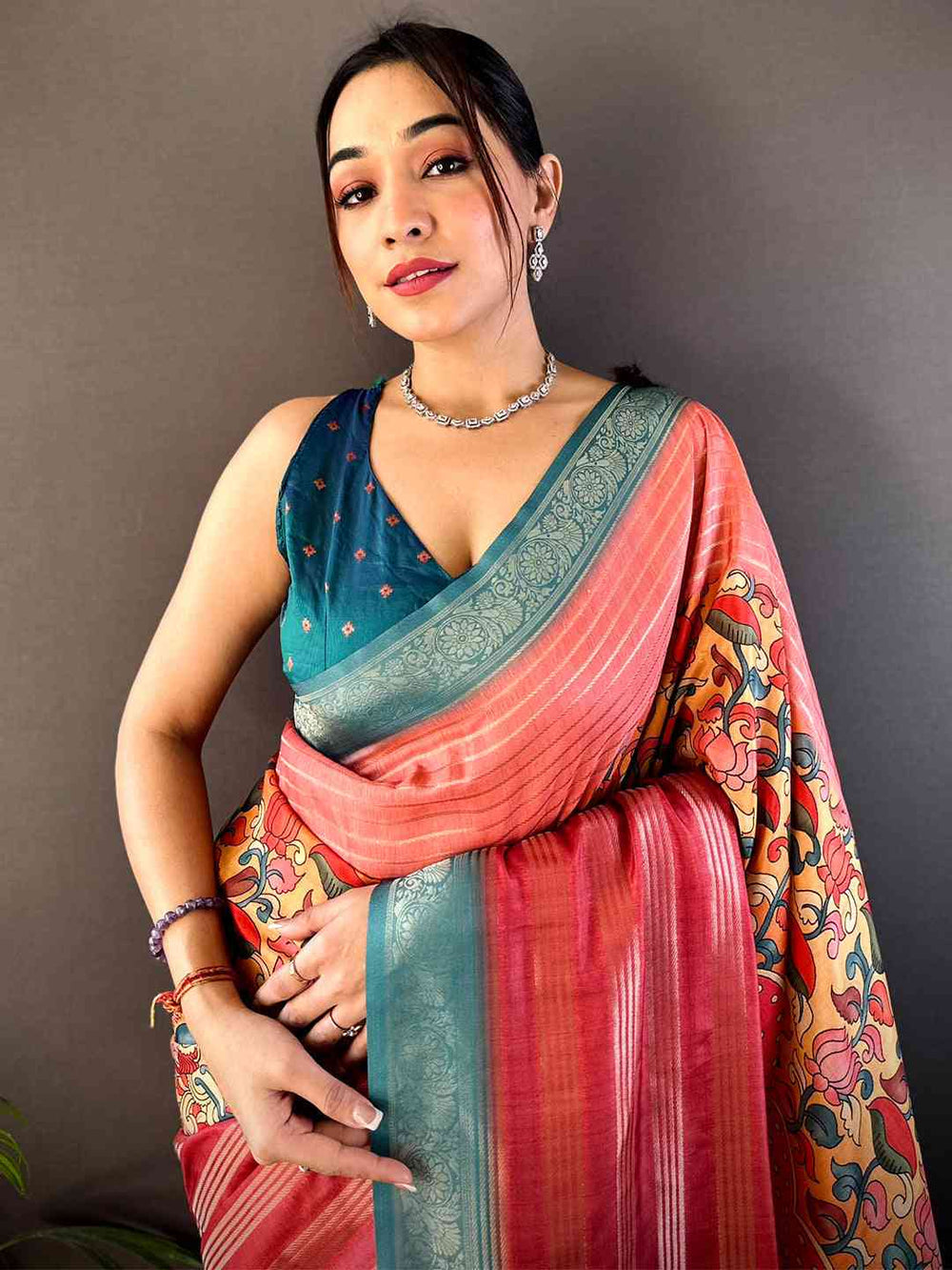 Red & Teal Soft Silk Saree with Patola Print and Woven Zari Pallu