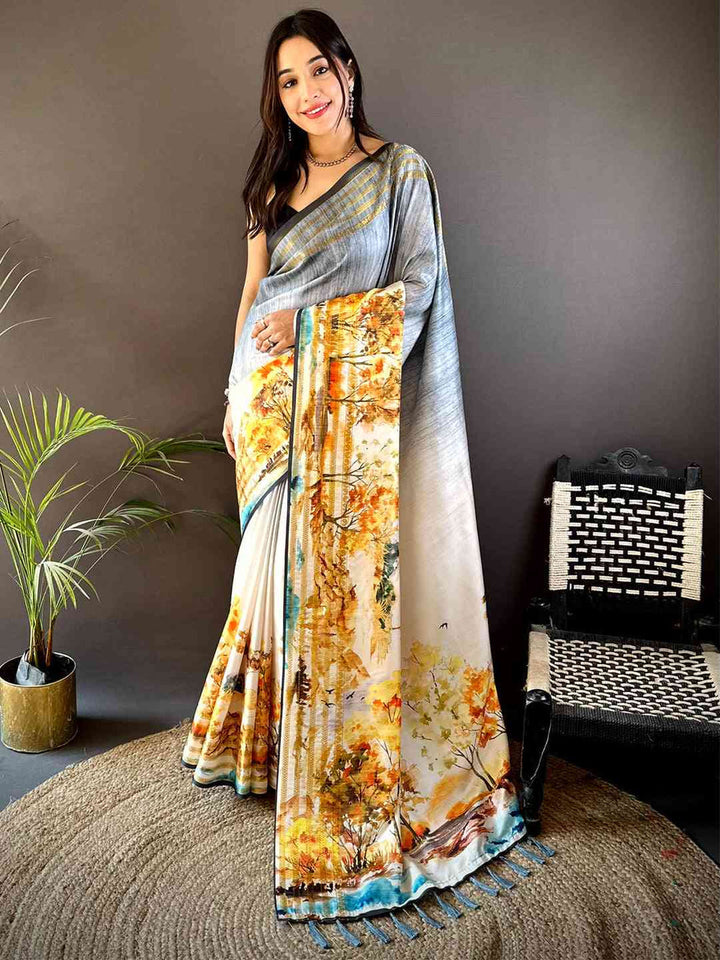 White & Grey Soft Silk Saree with Nature Landscape Print & Woven Border