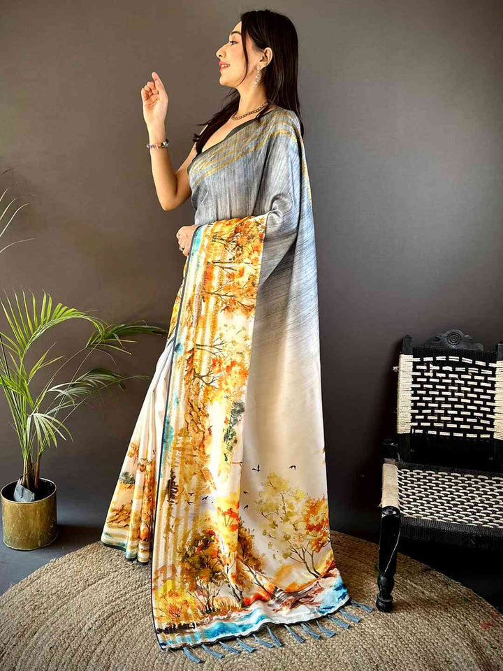 White & Grey Soft Silk Saree with Nature Landscape Print & Woven Border