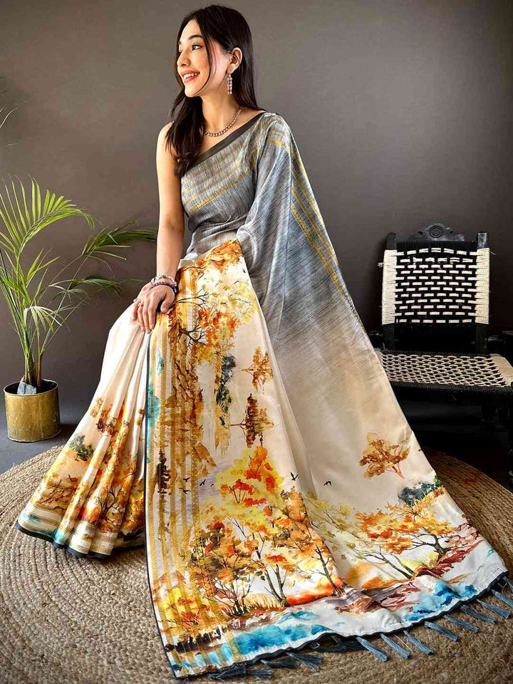 White & Grey Soft Silk Saree with Nature Landscape Print & Woven Border
