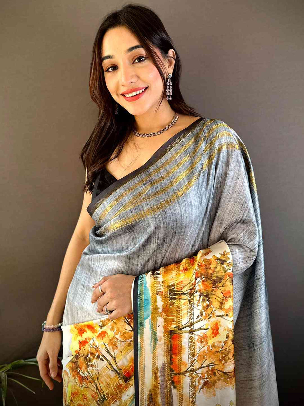 White & Grey Soft Silk Saree with Nature Landscape Print & Woven Border