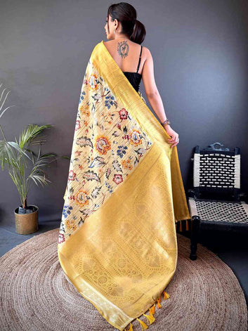 Sage Green Soft Silk Saree with Floral Digital Print & Zari Woven Border