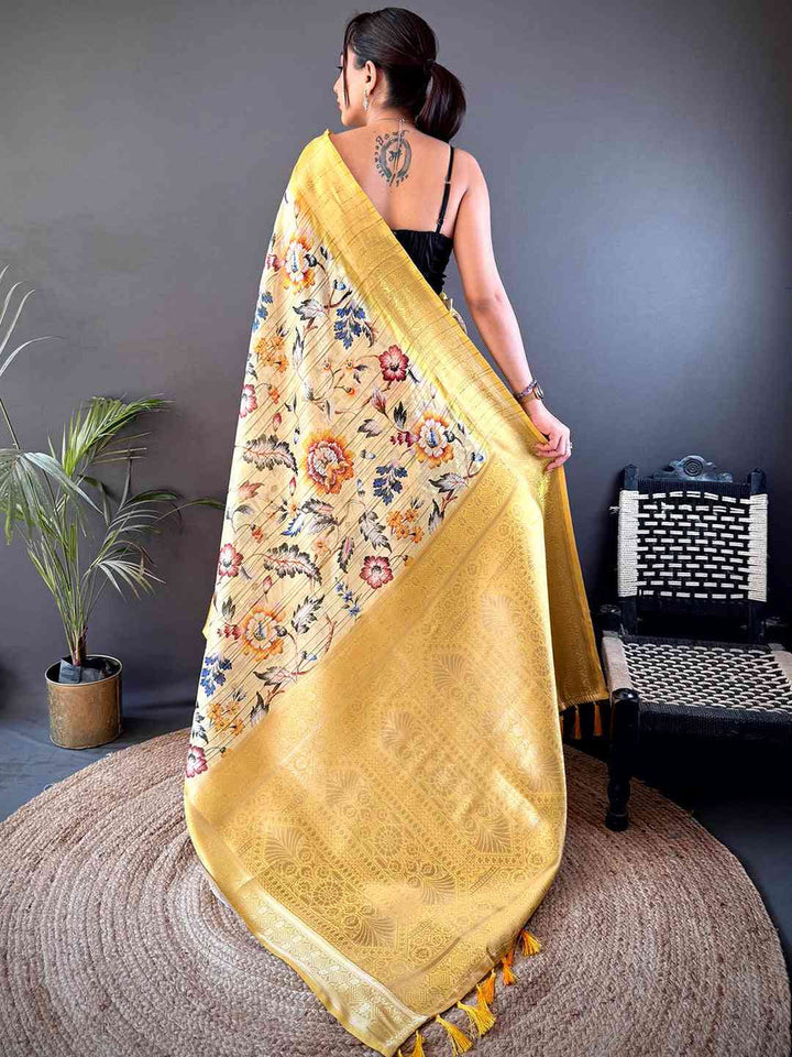 Sage Green Soft Silk Saree with Floral Digital Print & Zari Woven Border