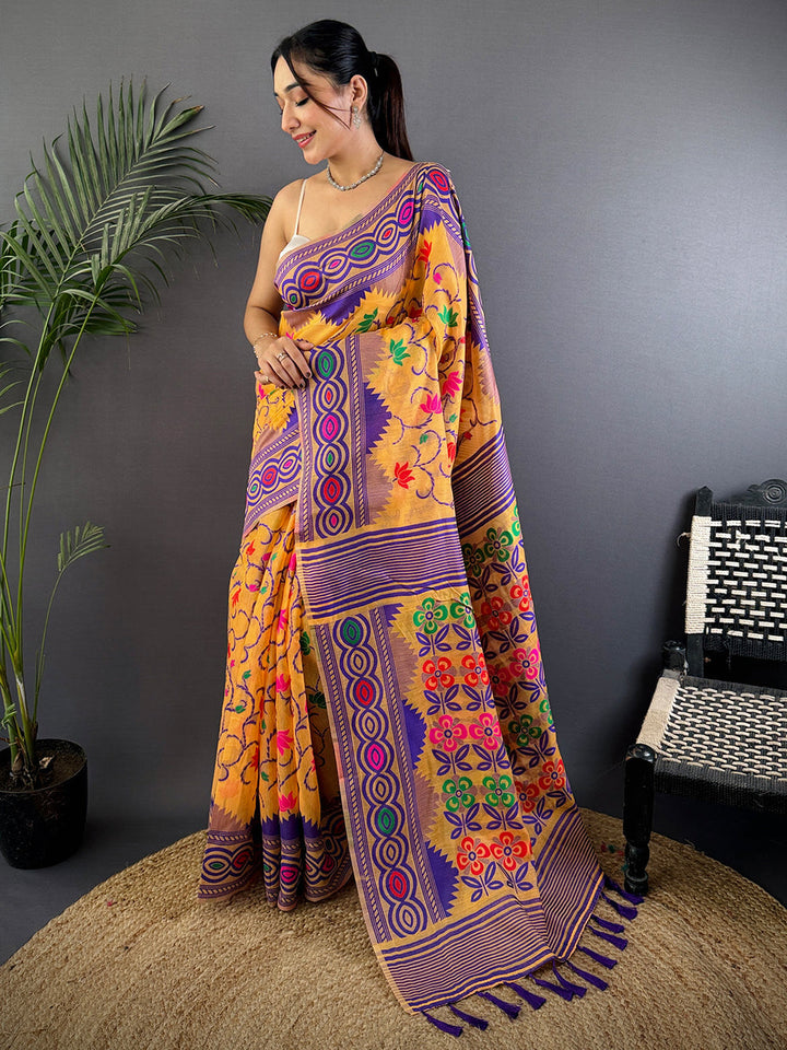 Mustard Multicolor Printed Soft Cotton Saree with Traditional Folk Art Motifs & Tassel Border