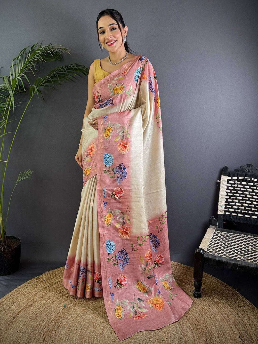 Cream Linen Silk Saree with Peach Floral Border & Digital Print