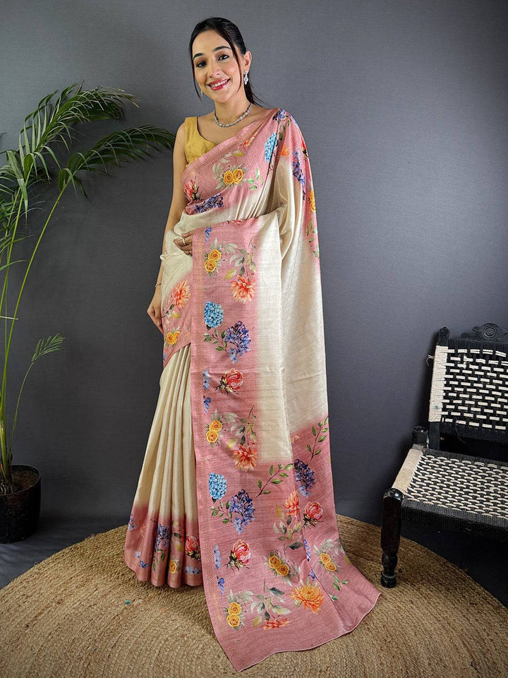 Cream Linen Silk Saree with Peach Floral Border & Digital Print