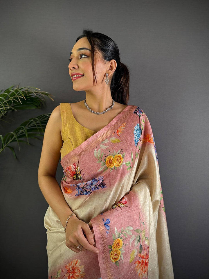Cream Linen Silk Saree with Peach Floral Border & Digital Print