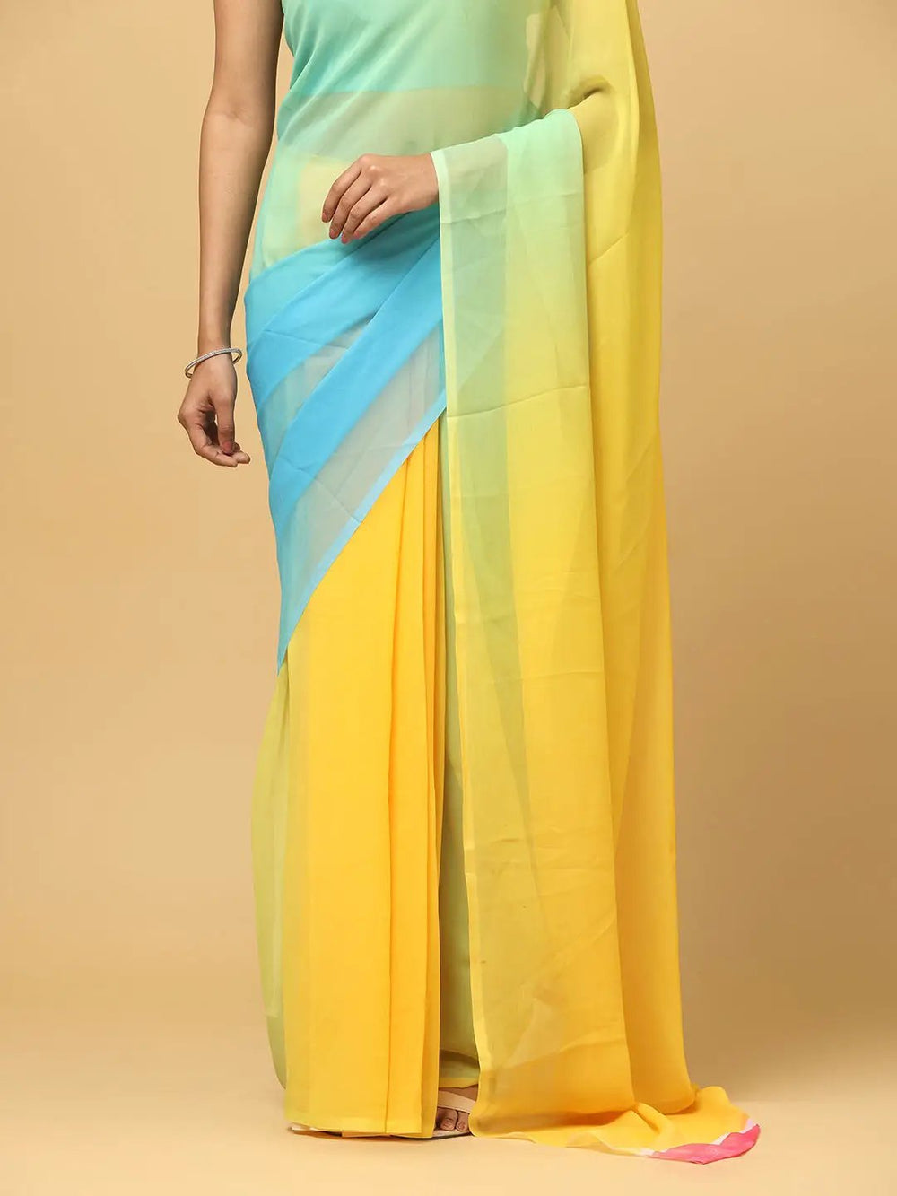 Aqua Blue & Yellow Dual Shade Georgette Saree
