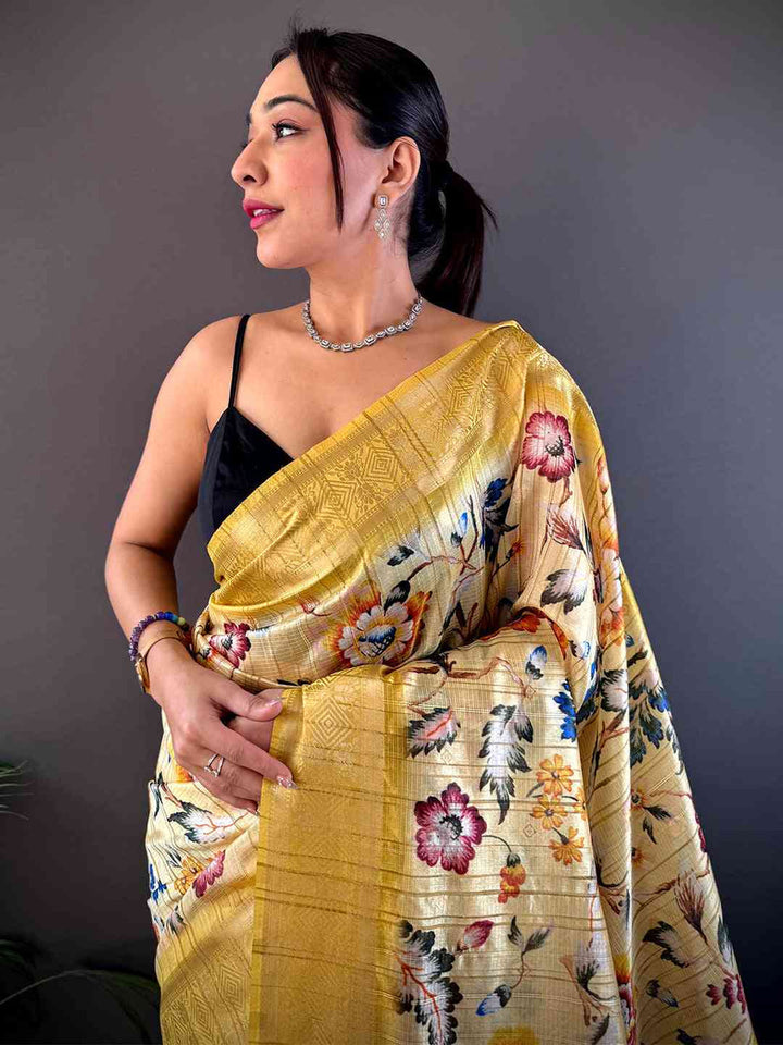 Yellow Soft Silk Saree with Multicolor Floral Print & Rich Golden Zari Pallu
