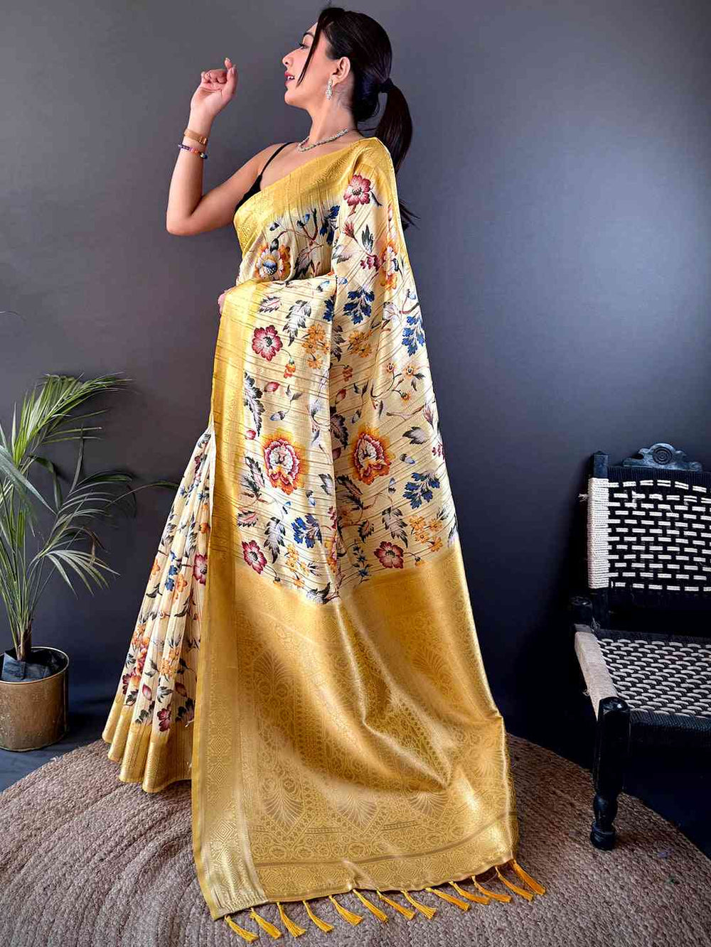 Yellow Soft Silk Saree with Multicolor Floral Print & Rich Golden Zari Pallu