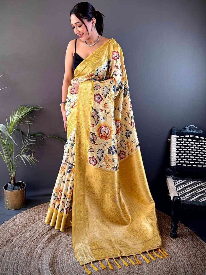 Yellow Soft Silk Saree with Multicolor Floral Print & Rich Golden Zari Pallu