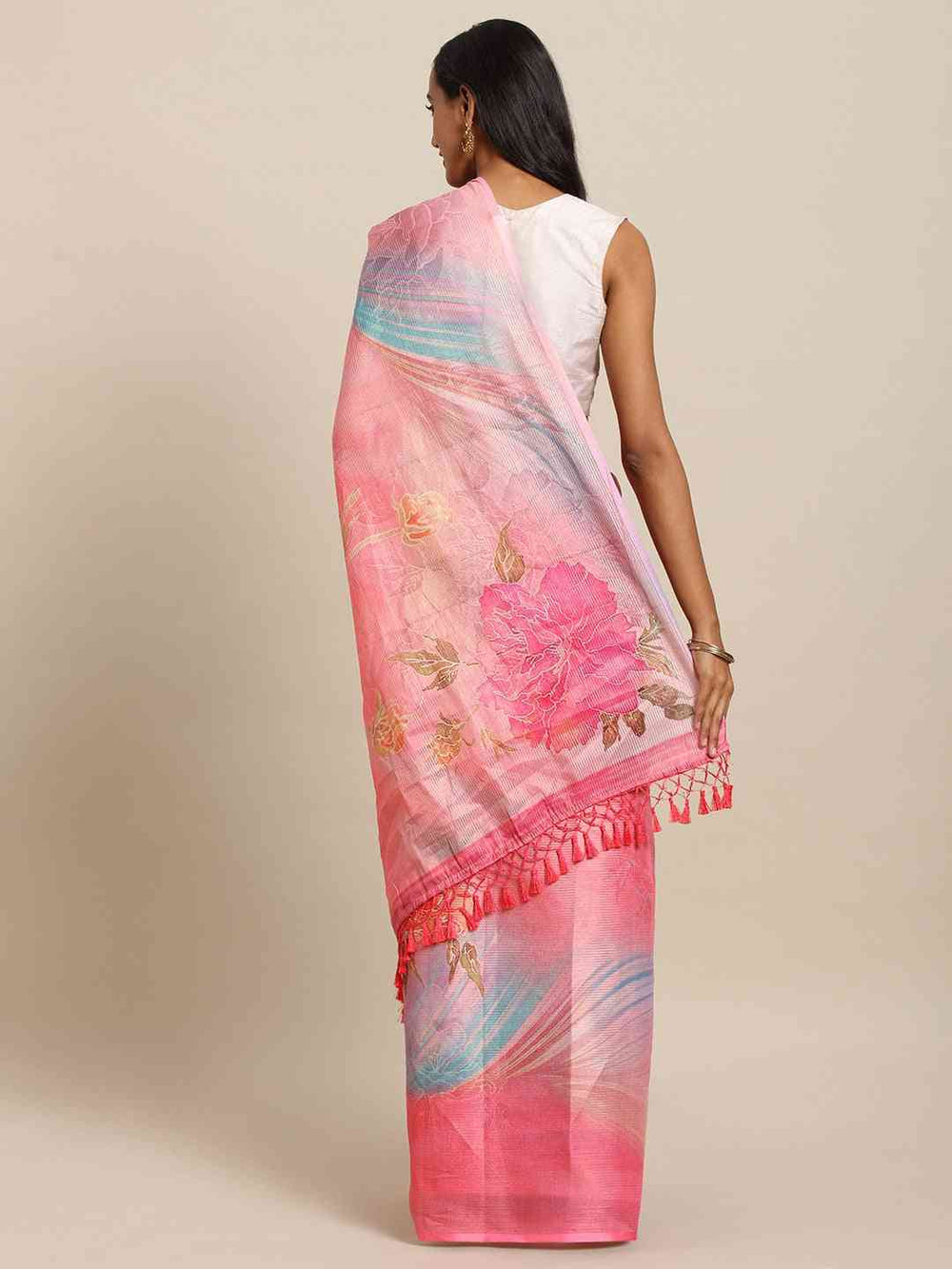 Pink Soft Silk Saree with Floral Print & Subtle Shimmer Texture