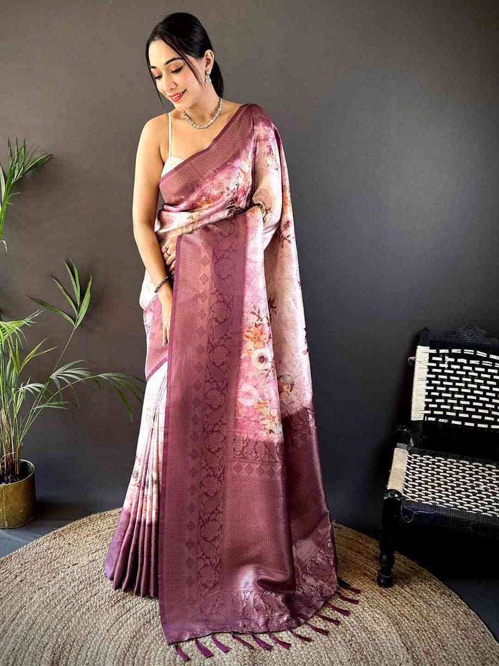 Lavender Soft Silk Saree with Floral Digital Print & Intricate Zari Border